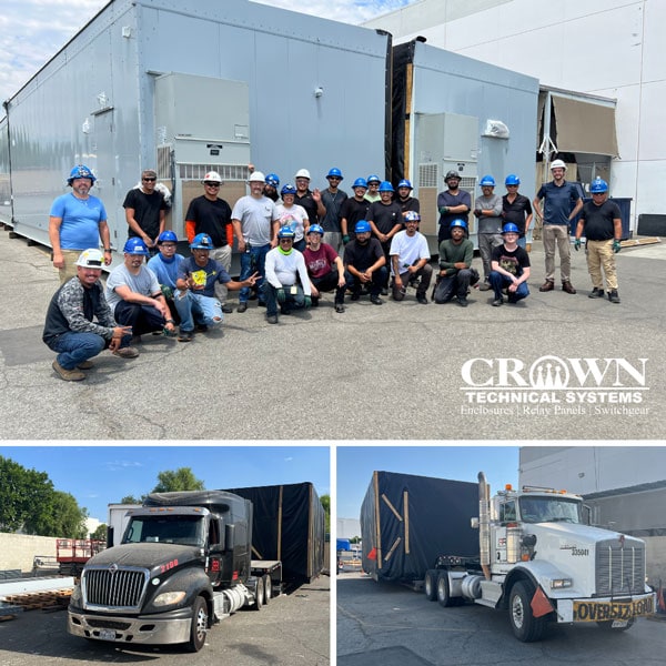 Crown employees in front of a four-section split arc-resistant switchgear enclosure and the enclosures on truck beds for transport